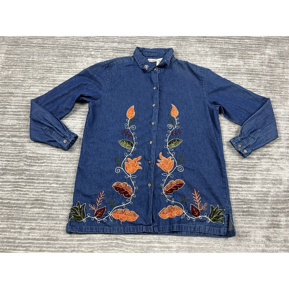 Bobbie Brooks Denim Shirt Womens M Blue Floral Embroidered Long Sleeve Button Up